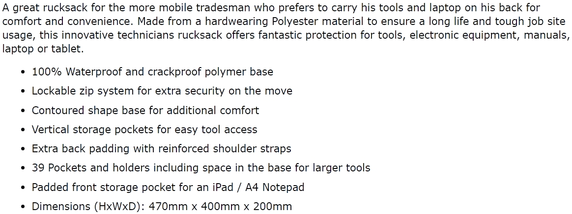 תיק גב מוגן מים לכלי עבודה - CK MAGMA MA2635 - 480X320X200MM